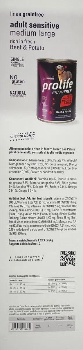 PROLIFE UMIDO CANE 6x400GR ADULT GRAIN FREE MANZO & PATATE MEDIUM/LARGE - Confezione risparmio 6 lattine da 400gr