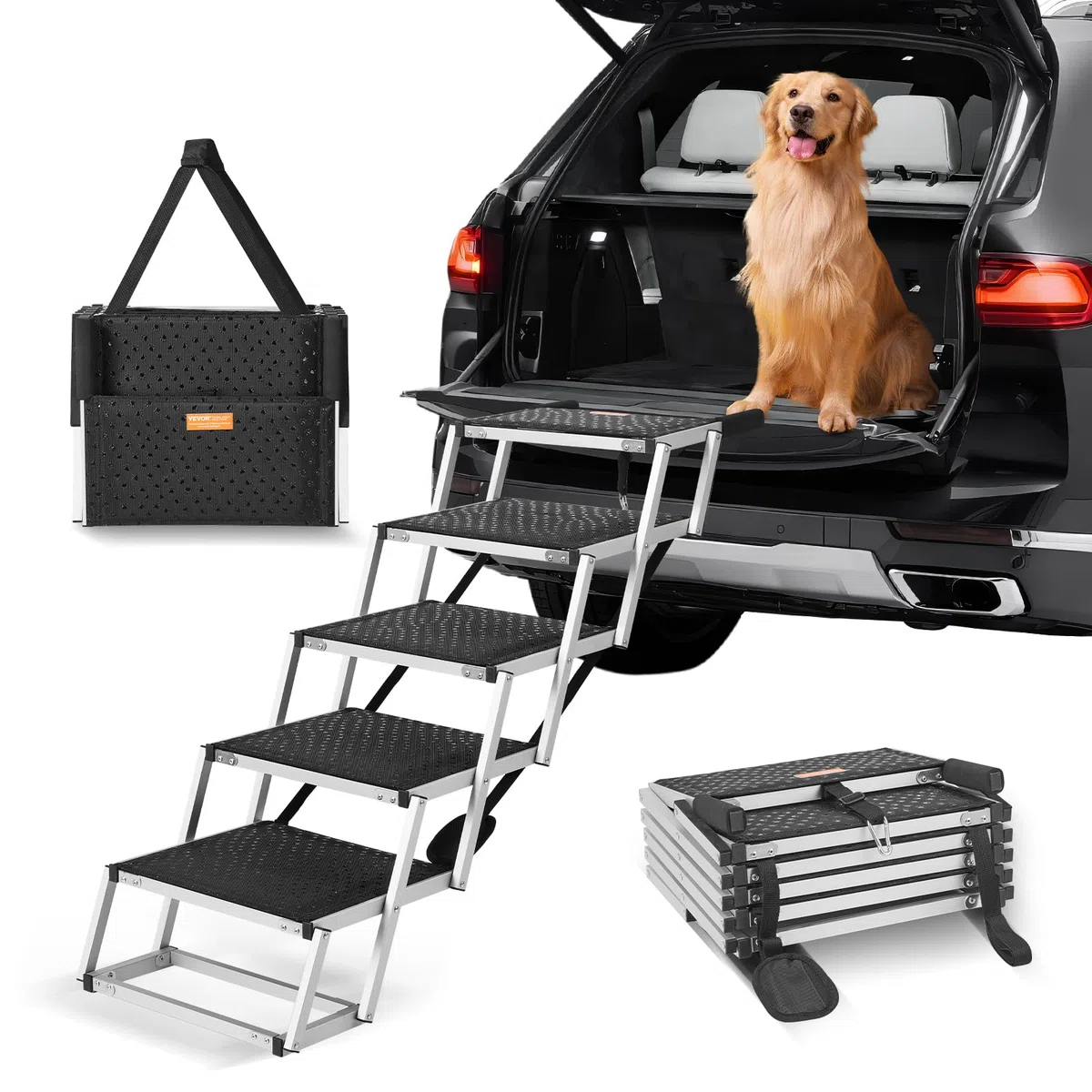 VEVOR Scala Gradini Larghi per Auto per Cani 5 Gradini, Rampa Pieghevole con Superficie Antiscivolo, Animali Domestici Gradini Portatili in Alluminio Leggero per SUV e Camion, Supporta Fino a 68 KG