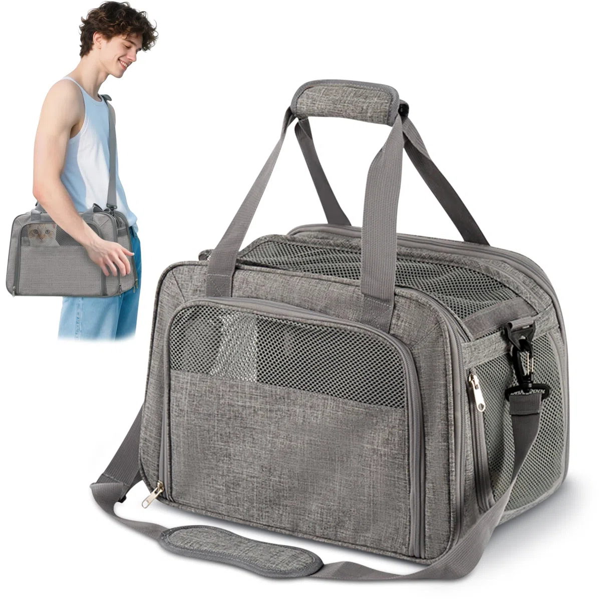 ALLSOPETS Trasportino Cane Aereo Pieghevole, Trasportino Gatto Morbido con Cuscino Rimovibile, Borsa Traspirante per Auto, Treno, Aereo, Veterinario (Grigio Antracite)