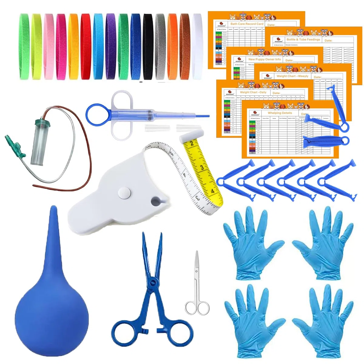Forniture per cuccioli di gattino, kit di parto per la nascita dei cuccioli, include 15 collari identificativi, tabelle di registrazione e altro ancora