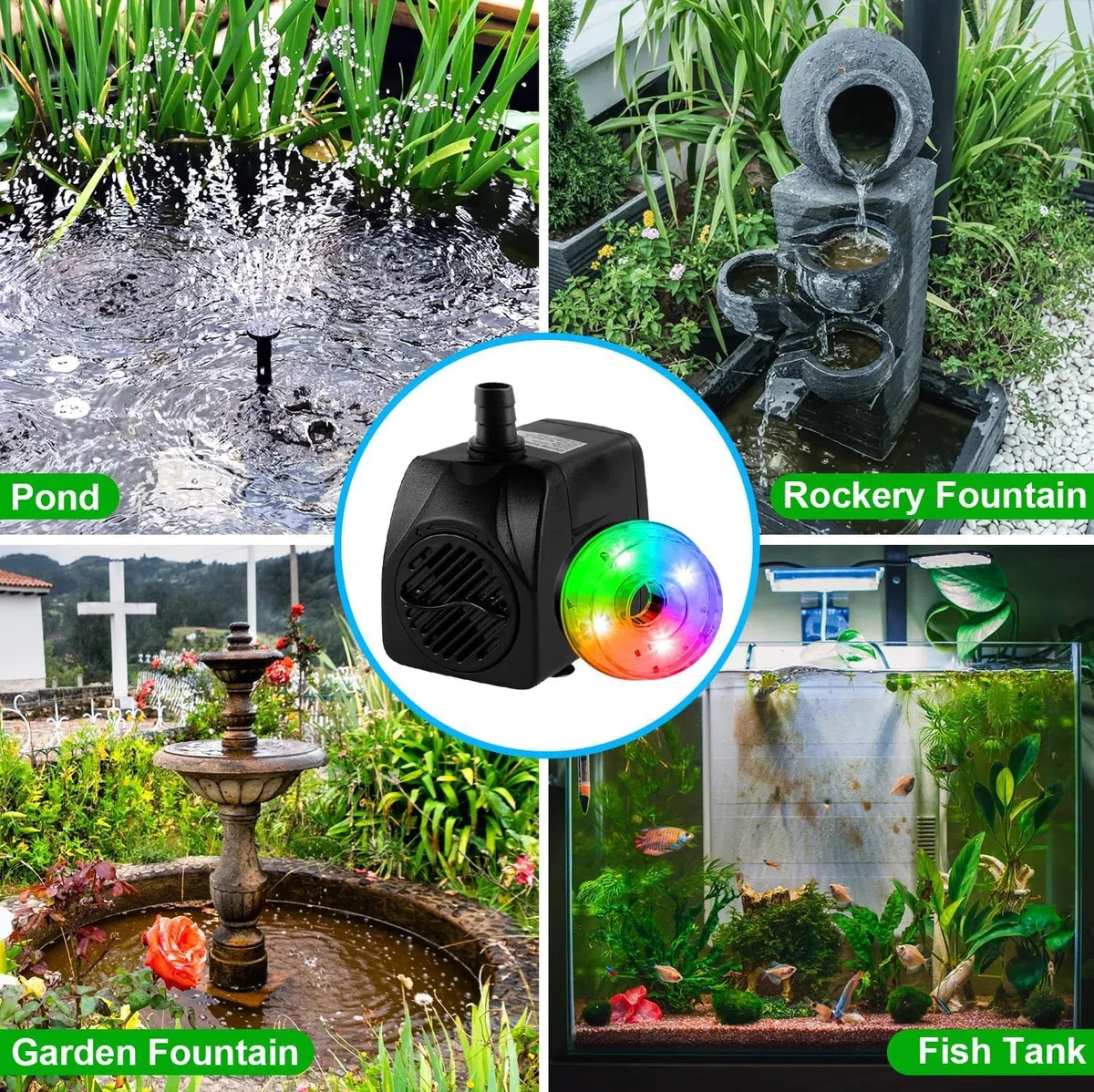 NATPOW Pompa Acquario Sommergibile con RGB LEDs, 800L/H 180-240V 15W Pompa Laghetto Ultra Silenzioso, Laghetto Pompa Acqua con 3 Ugelli per Giardino, Laghetto, Cascata