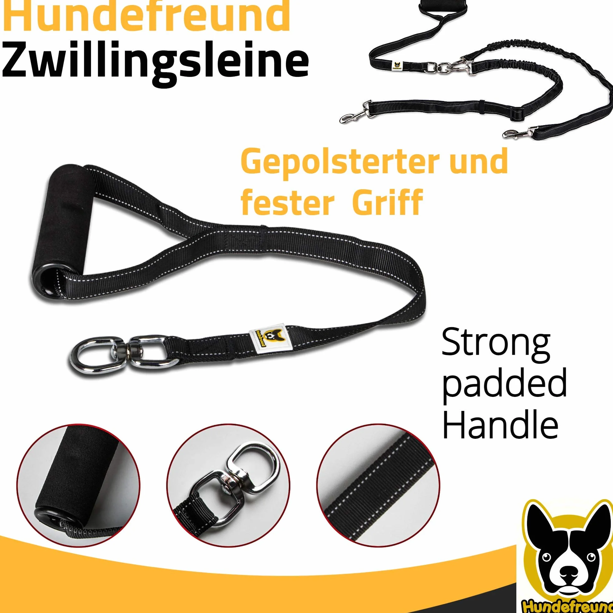 Guinzaglio doppio | Guinzaglio per 2 cani | Guinzaglio estensibile e riflettente da 165 cm a 220 cm con una impugnatura morbida per due cani a partire da 20 kg