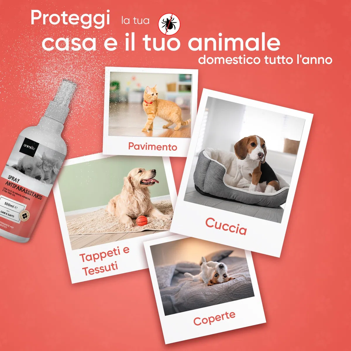 Antiparassitario per Gatti Cani 500ml, Spray Antipulci per Cani e Gatti Ricco di Oli Naturali, Antiparassitario Cane e Gatto Contro Pulci, Zecche, Pidocchi, Zanzare, Antipulci Cane e Antipulci Gatto