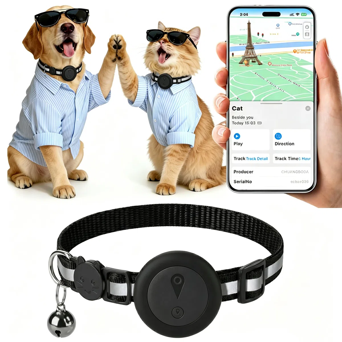 Collare GPS Gatto 2 in 1,Collare GPS per Cani Riflettente,Tracker per Cani Senza Abbonamento,Compatibile con iOS/Android,Collare Regolabile con Campanellino,Adatto a Cane di Piccola Taglia/Gatti-Nero