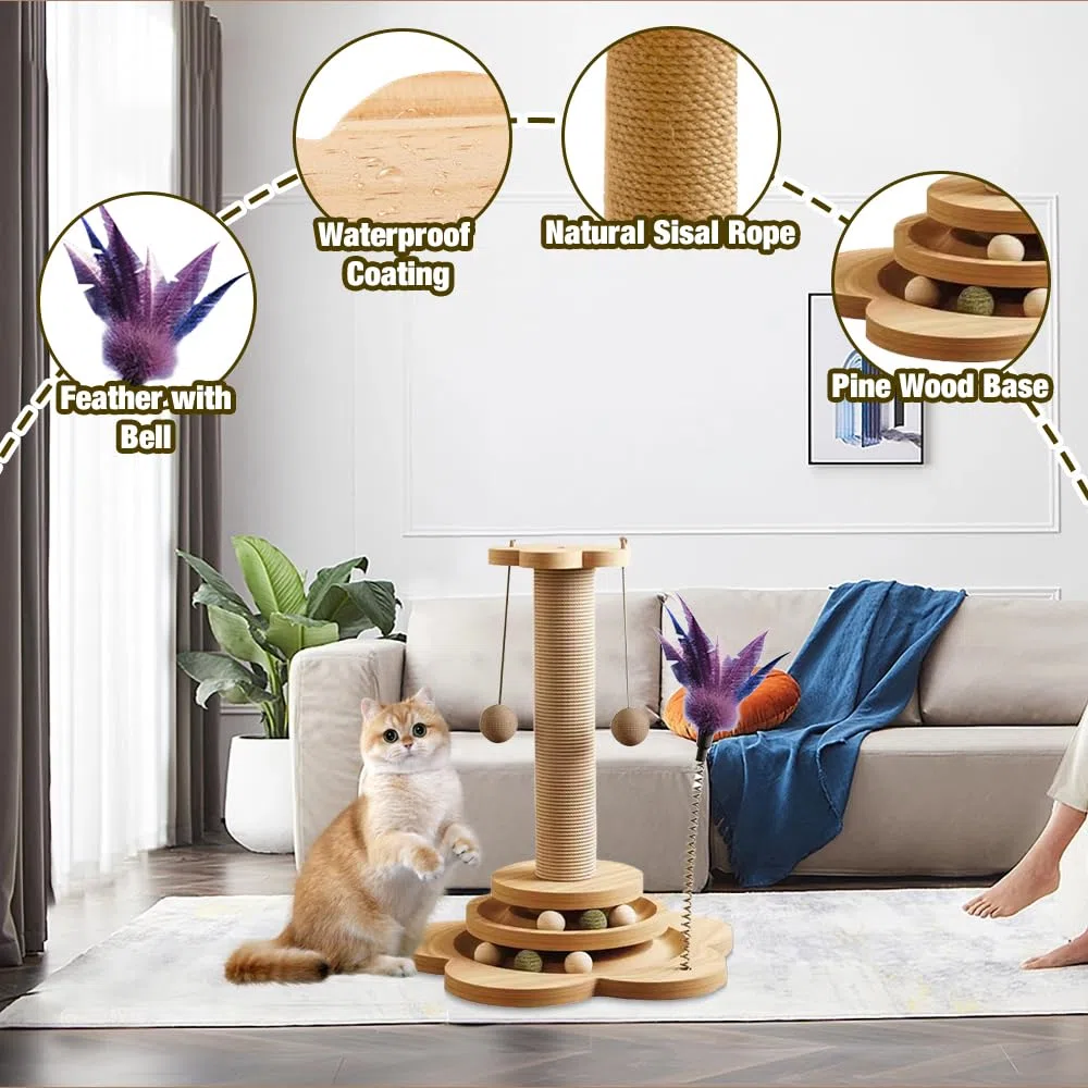Giocattolo Interattivo per Gatti in Legno,50CM Tiragraffi 4 in 1 Giocattolo per Gatti,Giochi per Gatti con Palla Appesa e Piuma Elastica,Cat Toy per Gatti Piccoli/Medi,Gioco cura Degli Artigli