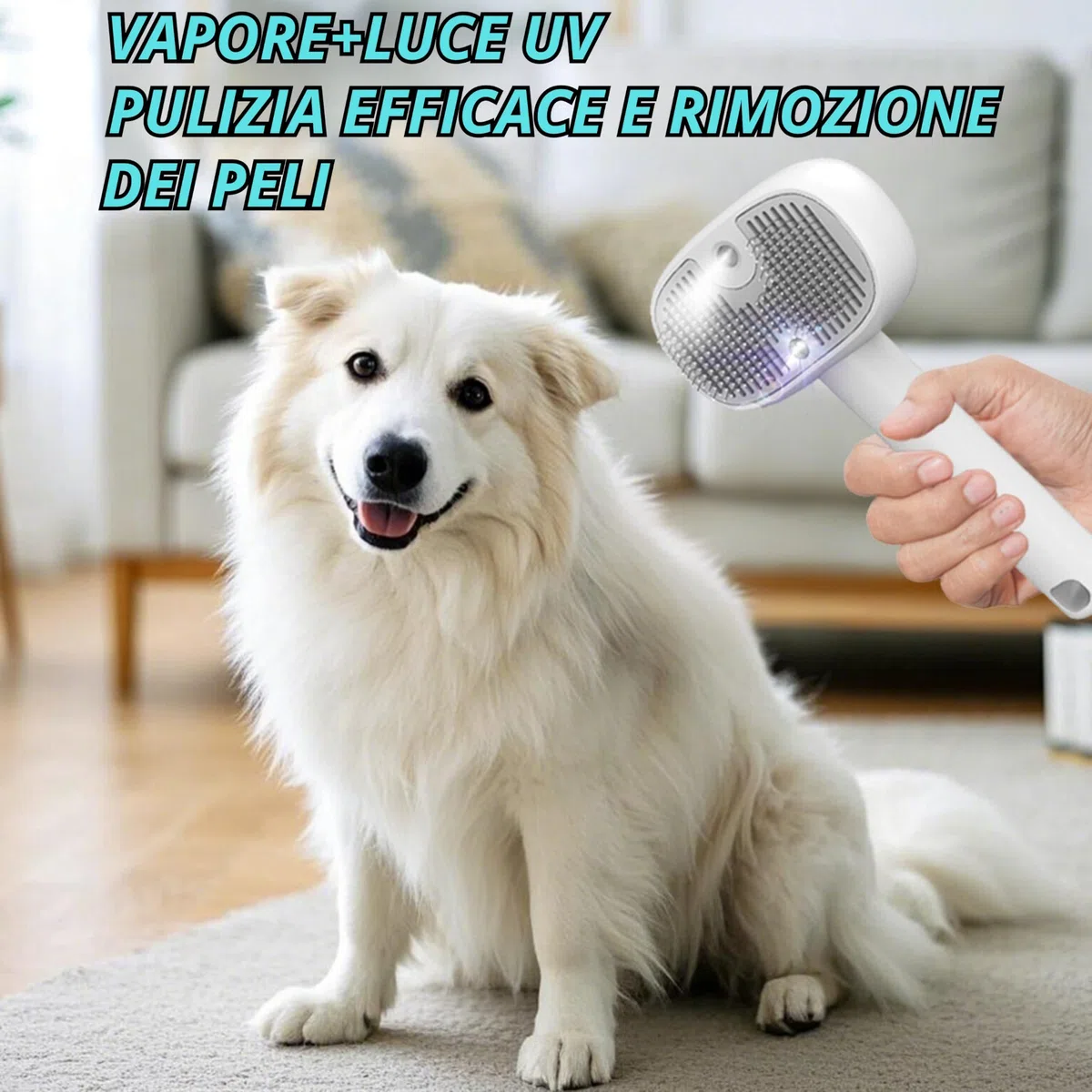 Spazzola a Vapore per Cani e Gatti,3-in-1 Luce UV Igienizzante, Setole Arrotondate, Rimozione Pelo Morto e Nodi, Batteria 500mAh Ricaricabile USB, Kit Toelettatura Professionale, Bianco