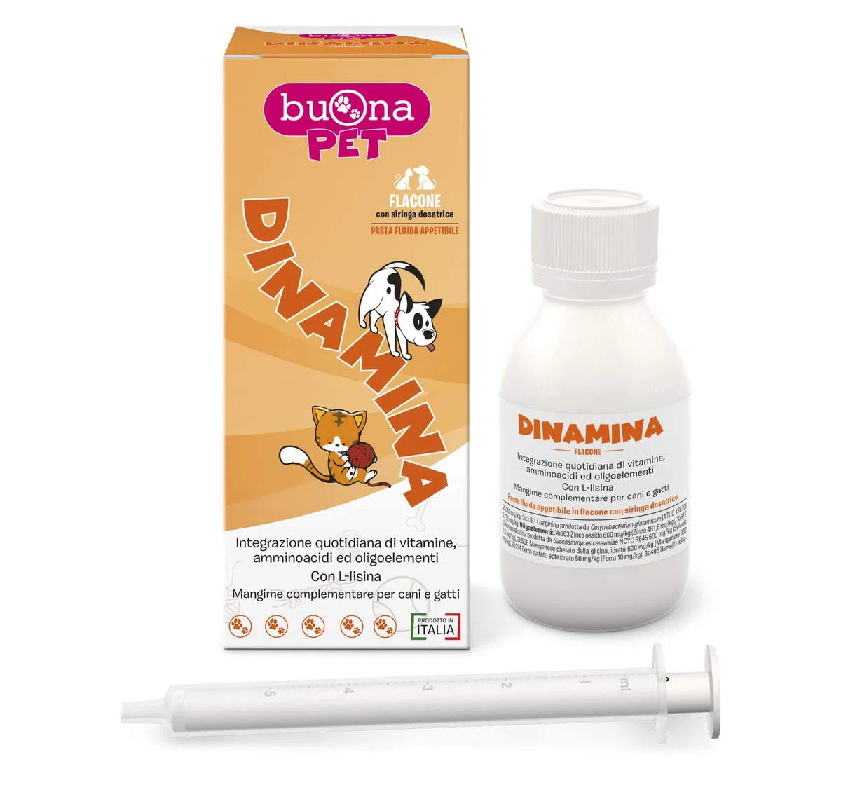 Buona Pet Dinamina Mangime Complementare 60g con Siringa, Sostegno Sistema immunitario e Multivitaminico Cane e Gatto, con L-Lisina, Arginina, Colostro, Lattoferrina, Amminoacidi e Oligoelementi