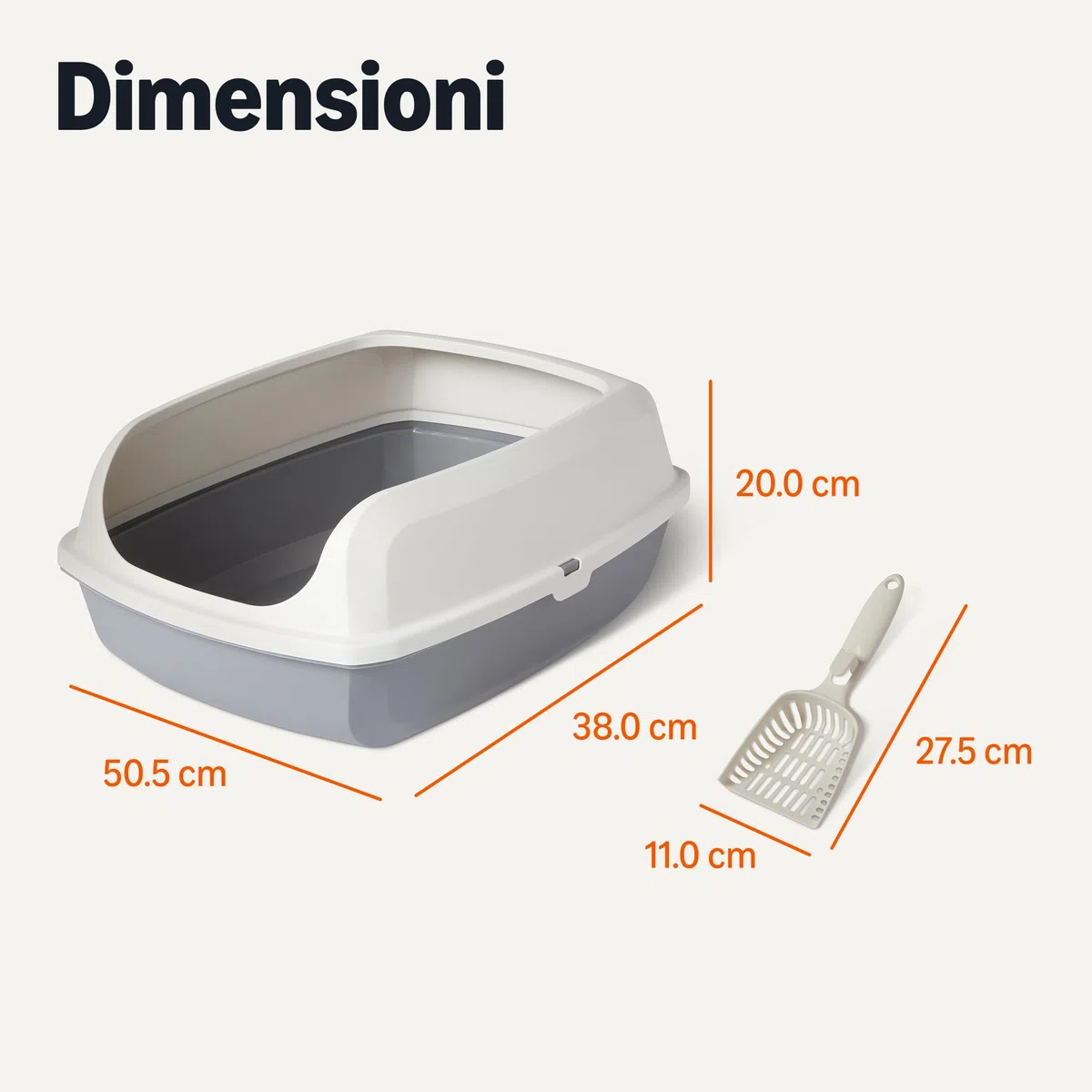 Amazon Basics - Lettiera per Gatti Alta e Aperta, Facile da Pulire, con Paletta, Bianco/Grigio, 50,5cm x 38,0cm x 20,0cm