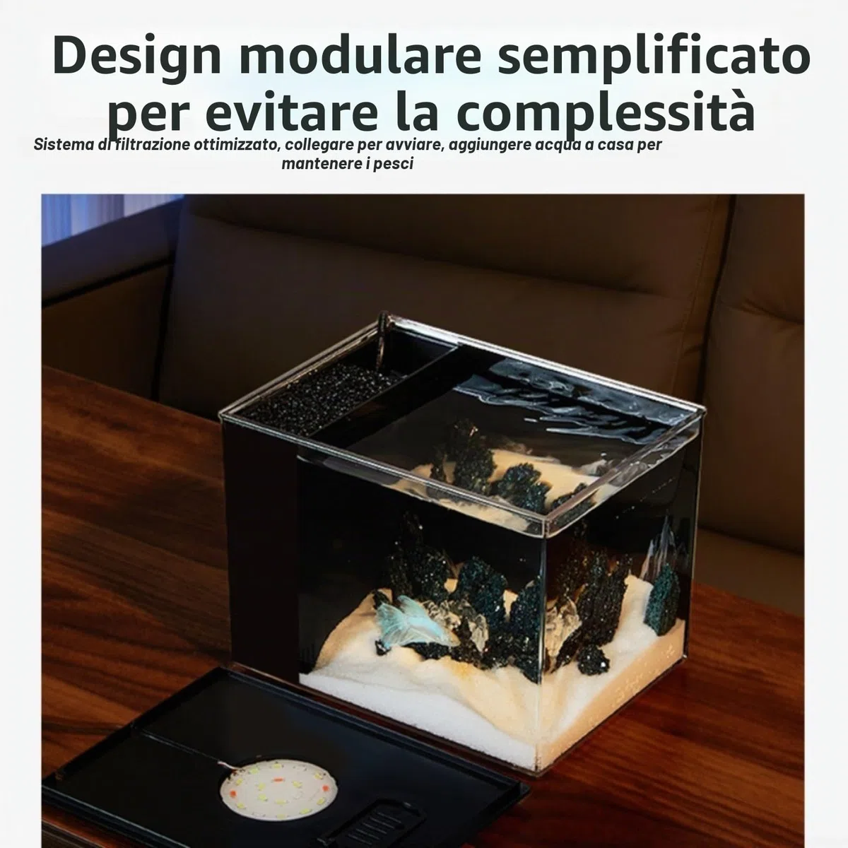 Acquario da tavolo per pesci per uso domestico con filtro laterale, filtrazione per migliorare l'ossigeno, pompa di flusso 160L/H, luminosità regolabile a 10 livelli e illuminazione a LED (S)