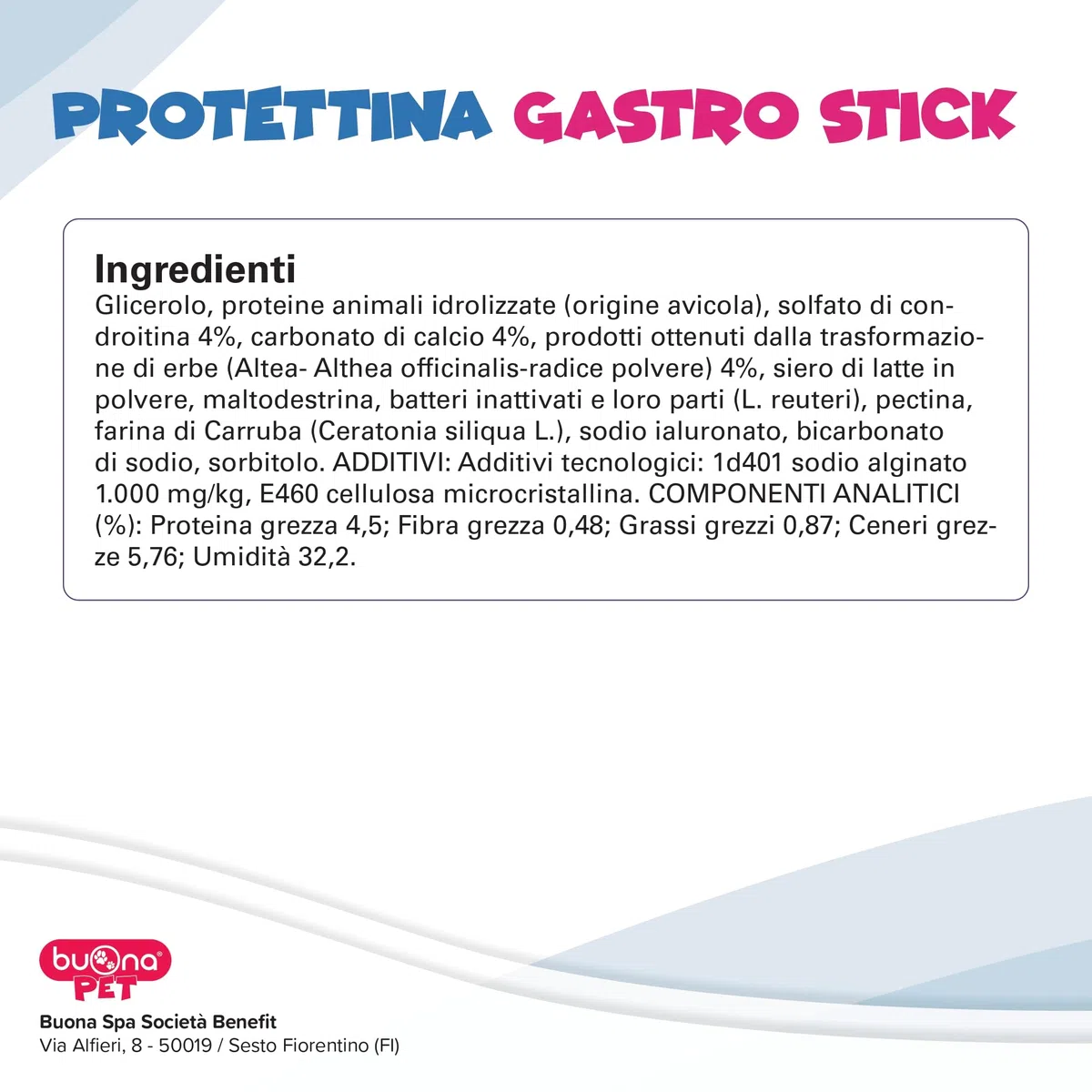 Buona Pet Protettina Gastro 20 Stick Monodose in Gel Appetibile, Mangime Complementare per Cane e Gatto, Supporto per la Funzione Gastrointestinale Superiore
