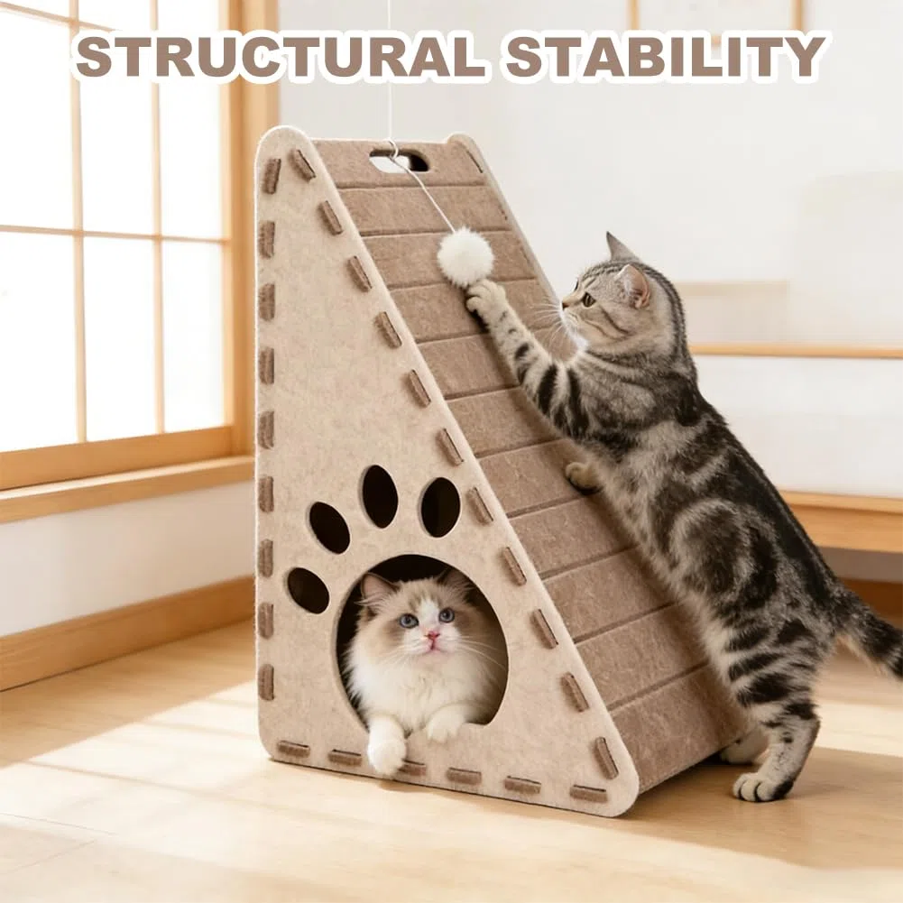 3 in 1 Cat Scratching Board & Felt Triangle Cat House – Vertical Cat Scratcher for Indoor Cats, Scratch Play Rest Cat Furniture, Sturdy Easy Clean Cat Scratcher with Ball Toy