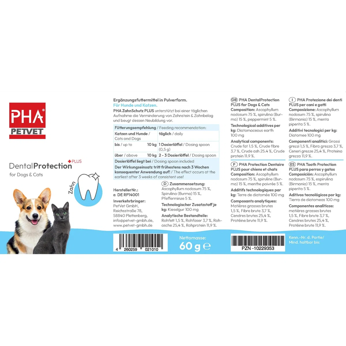 PHA - Protezione Dentale per Cani e Gatti: Polvere Naturale Contro tartaro, placca Dentale, alito Cattivo e placca, Polvere da 60 g