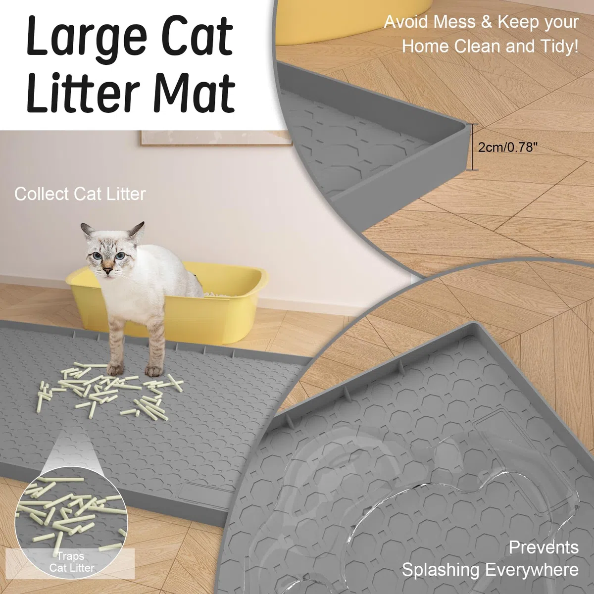 Tappetino in silicone per lettiera per gatti grande 86cm x 56cm,tappetino per gatti per lettiera, antiscivolo e impermeabile, bordi rialzati