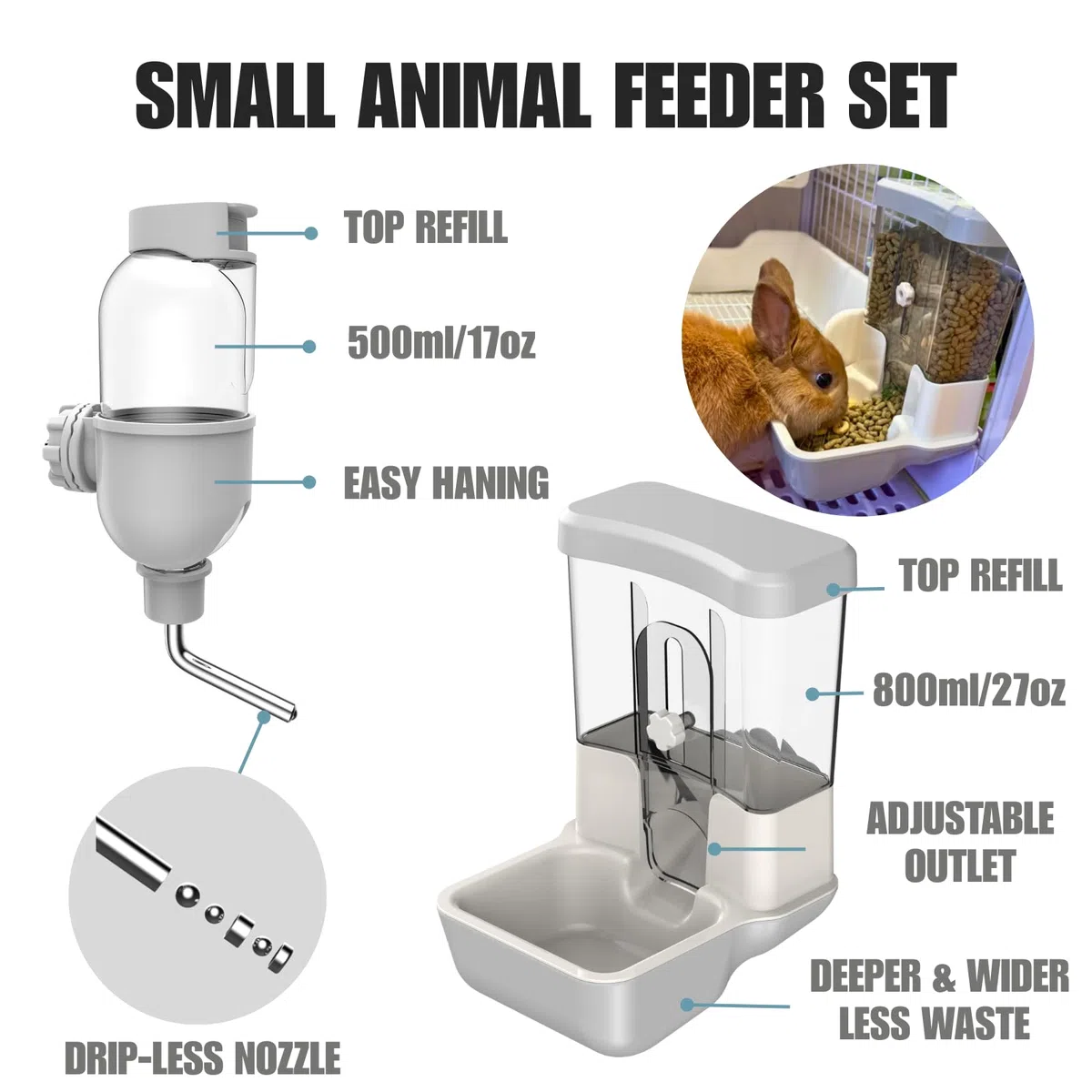 Distributore Automatico di Cibo e Acqua per Animali Domestici, Set di Fontane a Gravità per Gabbie di Cani, Gatti, Conigli, Porcellini d'India, Cincillà, Furetti, Ricci (Grigio)