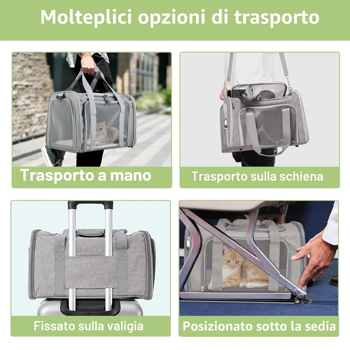 Trasportino Gatto Pieghevole – Borsa per Cani Leggera e Traspirante – Trasportino per Viaggi/Auto con Cintura Regolabile (Grigio)