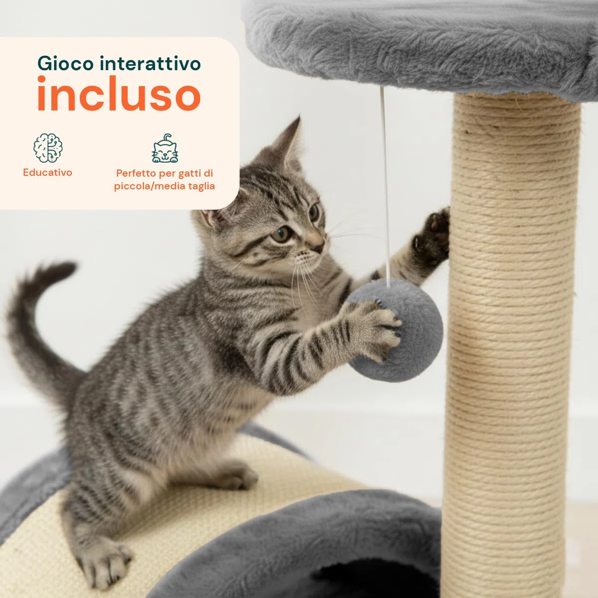 Avilia Tiragraffi per Gatti 50 cm – Albero Tiragraffi con Piattaforma Imbottita, Pallina Pendente e Sisal Naturale, Trespolo per Gatti Compatto Salvaspazio, Giochi Gatto 3 in 1, Protezione Divano