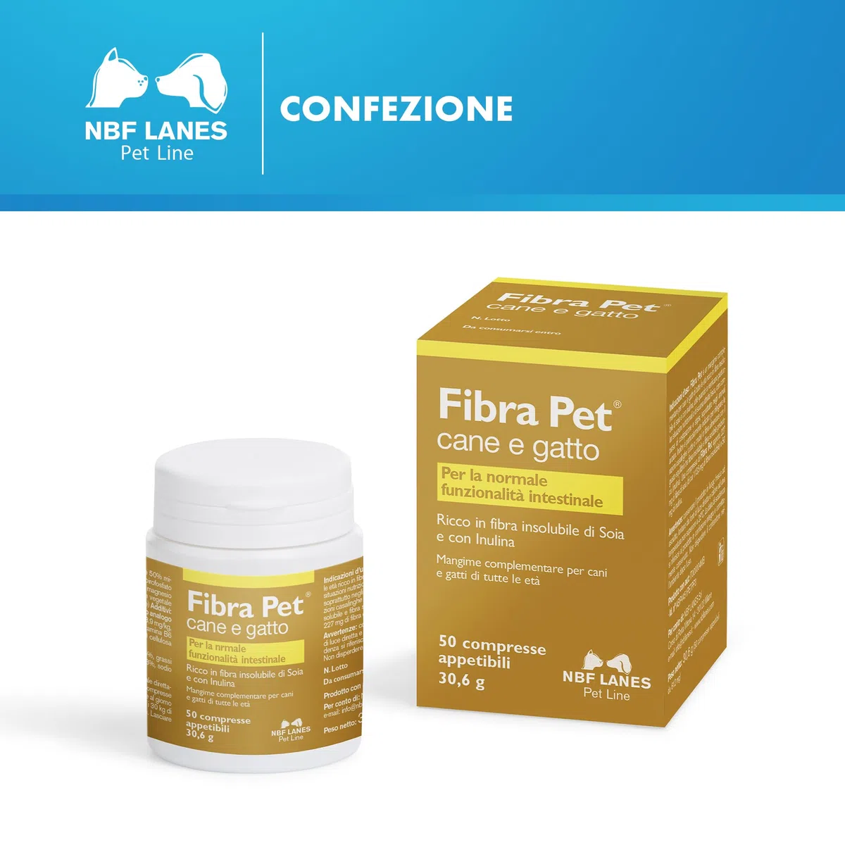 NBF Lanes | Fibra Pet Cane e Gatto, 50 Compresse Appetibili, per la Normale Funzionalità Intestinale