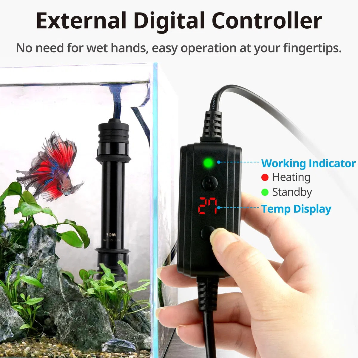 NICREW Riscaldatore Acquario 50 W, Riscaldatore per Acquario Sommergibile con Indicatore di Temperatura per Acquario Fino a 40 L, Termostato Acquario con Ventose