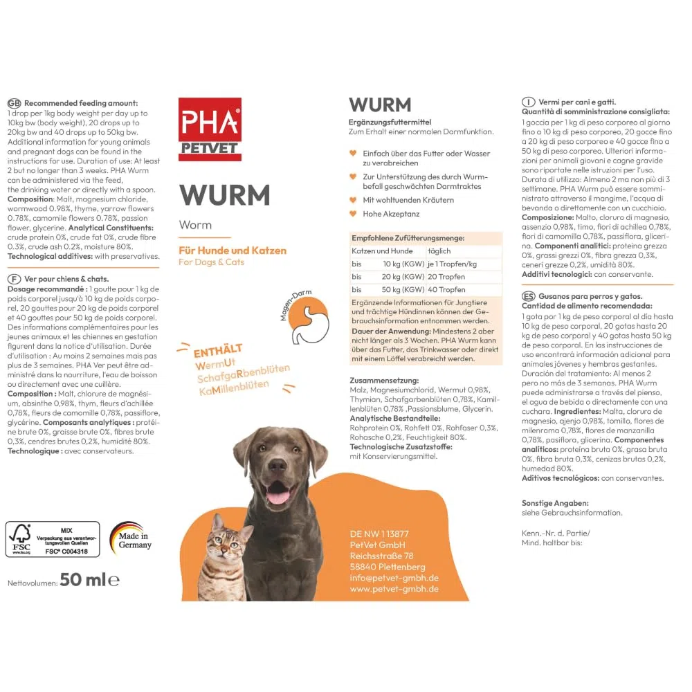 PHA Verme Gocce per Cane e Gatto – Trattamento naturale di vermi per Gatto e Cane, Agente per vermi secondario, Alternativa alle infestazioni da vermi, con vermi, achillea, timo, gocce da 50 ml