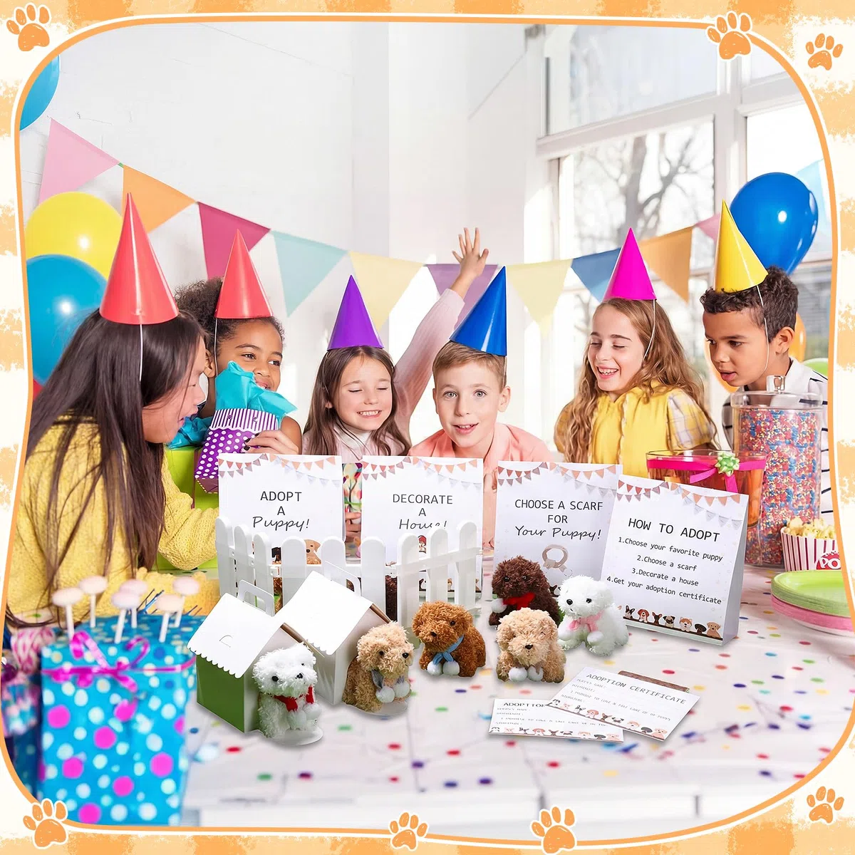 60pcs Adopt a Puppy Dog Party Favors Peluche Cani Ripieni Giocattoli Set Include 12 Mini Animali Di Peluche Animali, 12 Sciarpe Cucciolo, 12 Carte Adozione, 12 Scatole Casa, 4 Segnali di