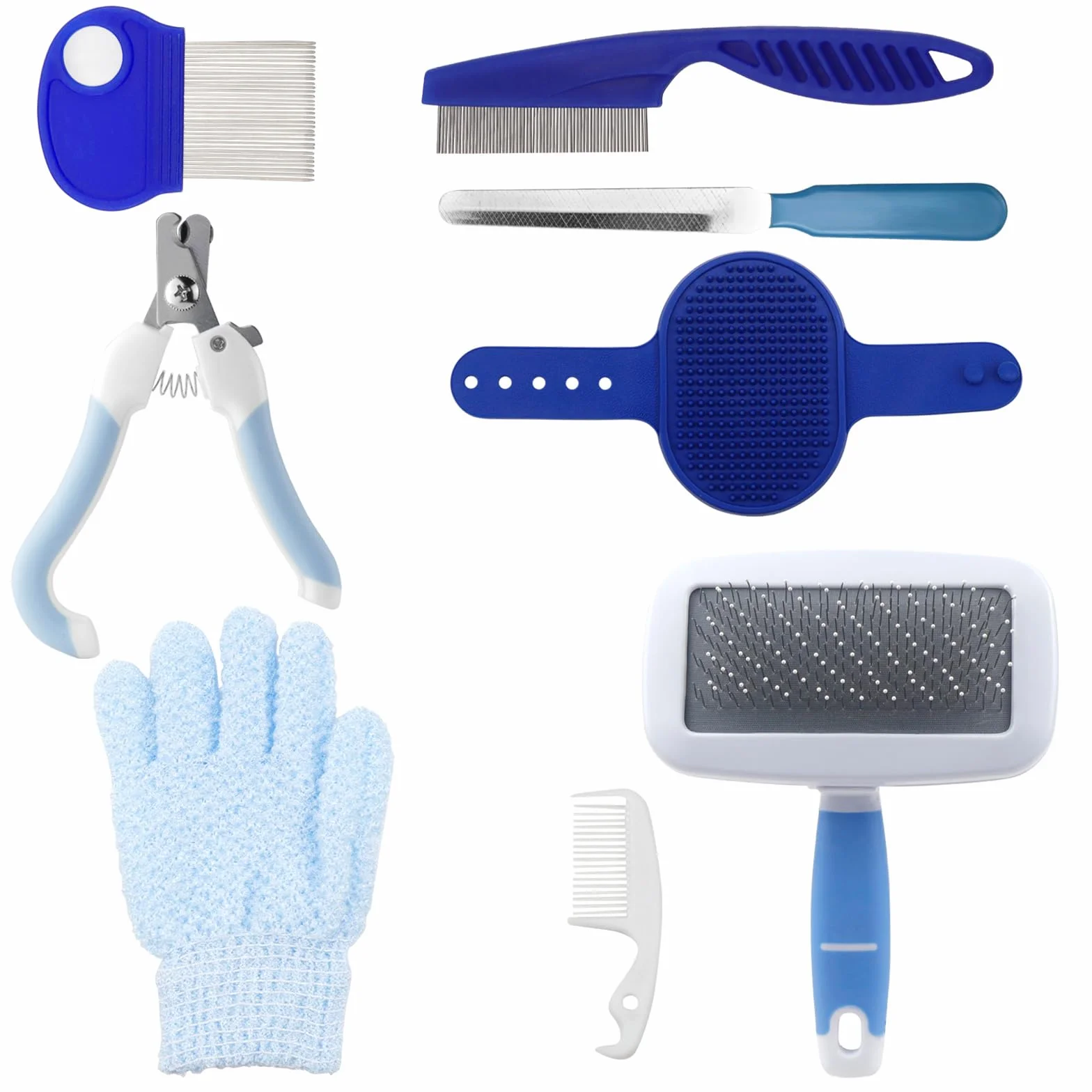Set di 8 pezzi per la cura dei piccoli animale con trimmer, tagliaunghie, lima, massaggio, guanto da bagno, pettine per pulci per gatti e cuccioli