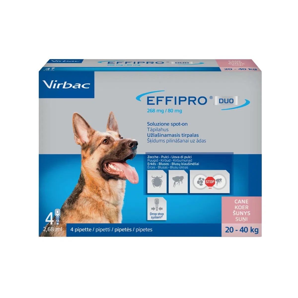 Virbac effripro duo cani large 20-40 kg; confezione da 4 pipette.