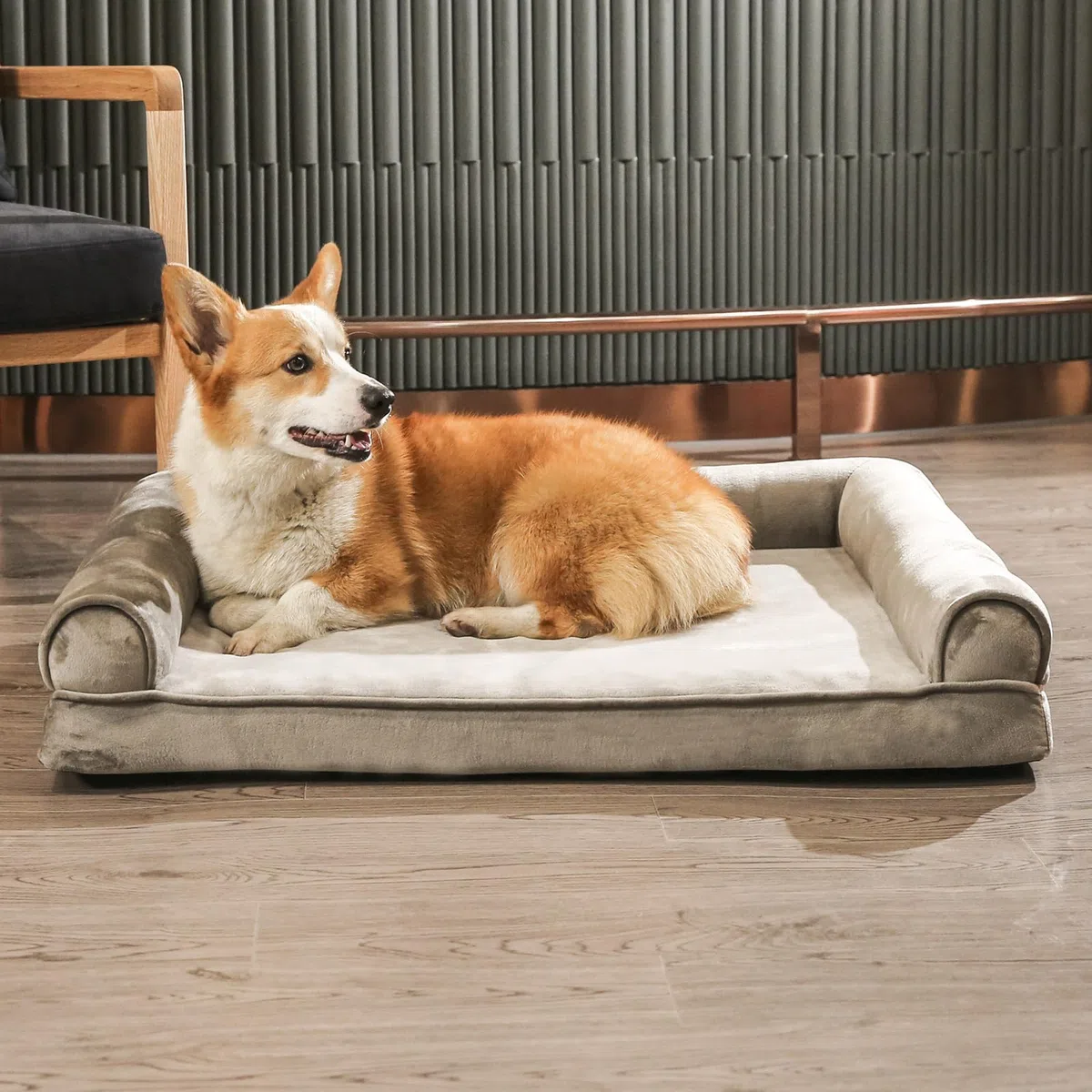 Amazon Basics Cuccia per cani e altri animali domestici, in stile divano, per salotto, in schiuma, sfoderabile, Taupe, 91 x 69 x 17 cm (L x W x H)
