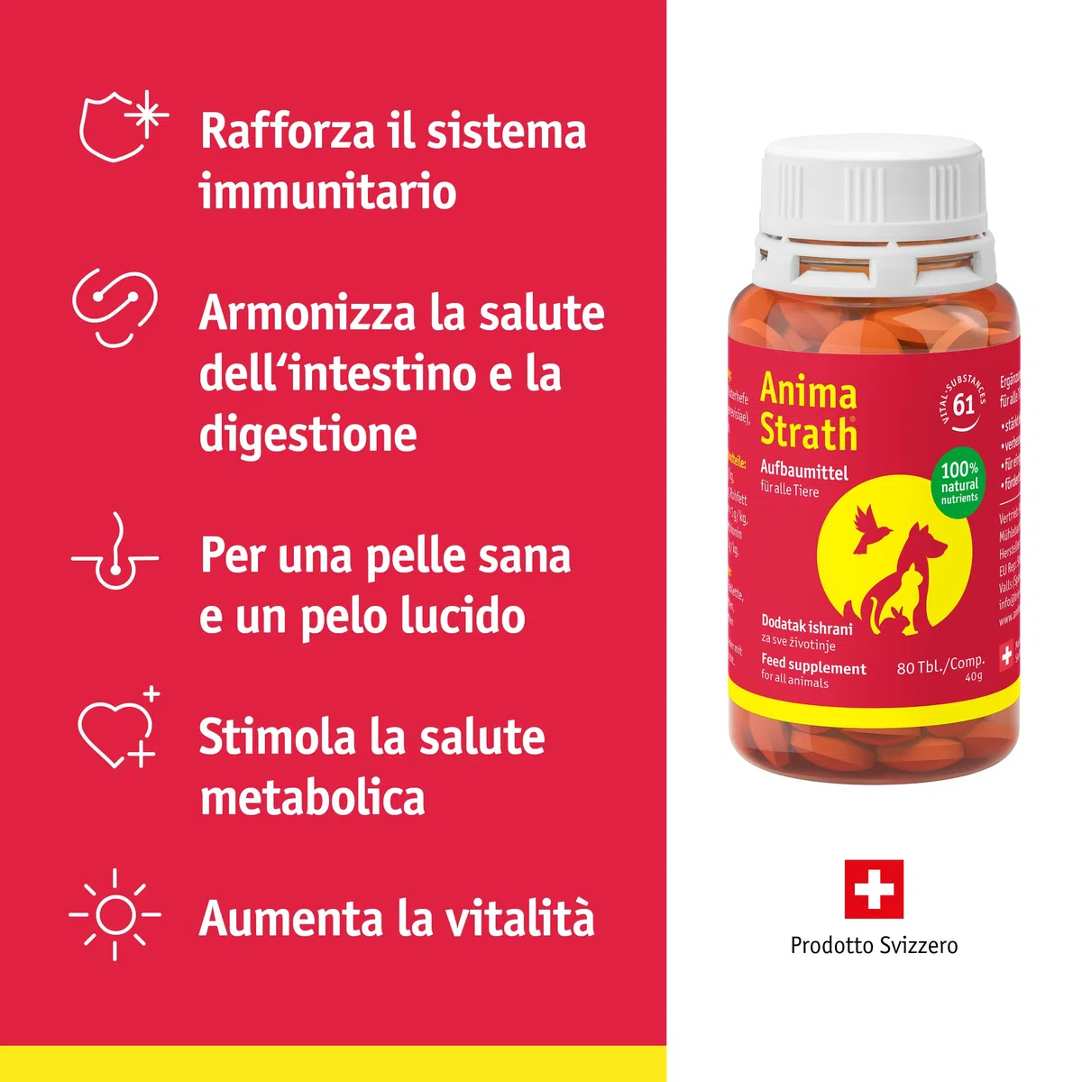 Anima Strath Integratore Tavolette per Cani - (80 Compresse) 61 Nutrienti, Vitamine, Minerali, Aminoacidi, Integratore Naturale per il Sistema Immunitario e la Digestione.
