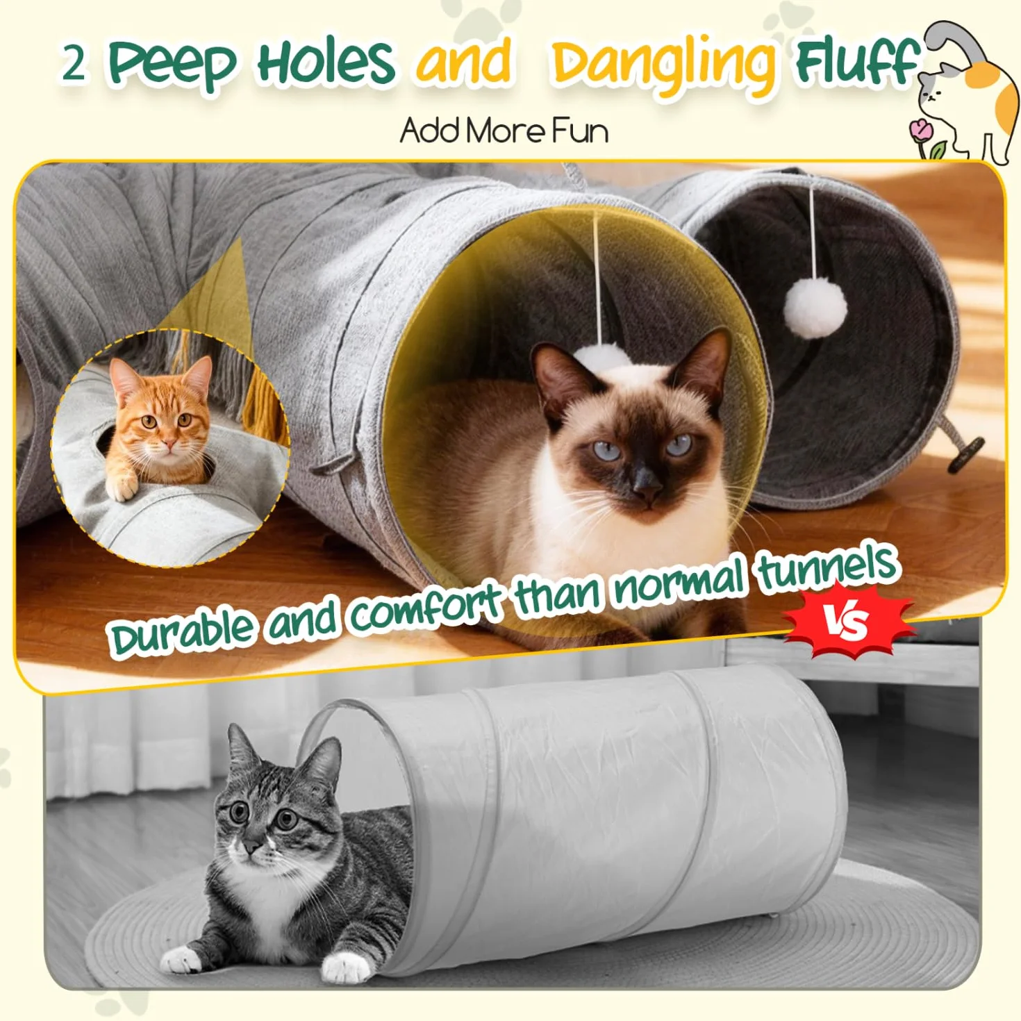 Nobleza Tunnel per Gatti – Tunnel di Gioco Pieghevole in Resistente Tessuto Oxford， con Bacchetta da Pesca e Fori di Avvistamento per Divertimento Interattivo in Casa， Cactus