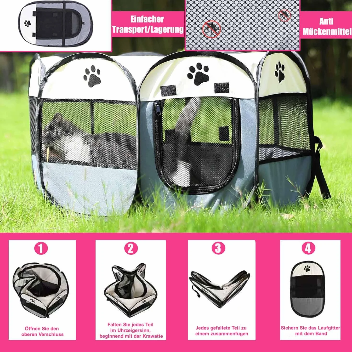 Beccucciolo portatile, 91 x 91 x 58 cm, pieghevole, per casa, cuccioli, telo impermeabile Oxford per cani, gatti, conigli, rosa
