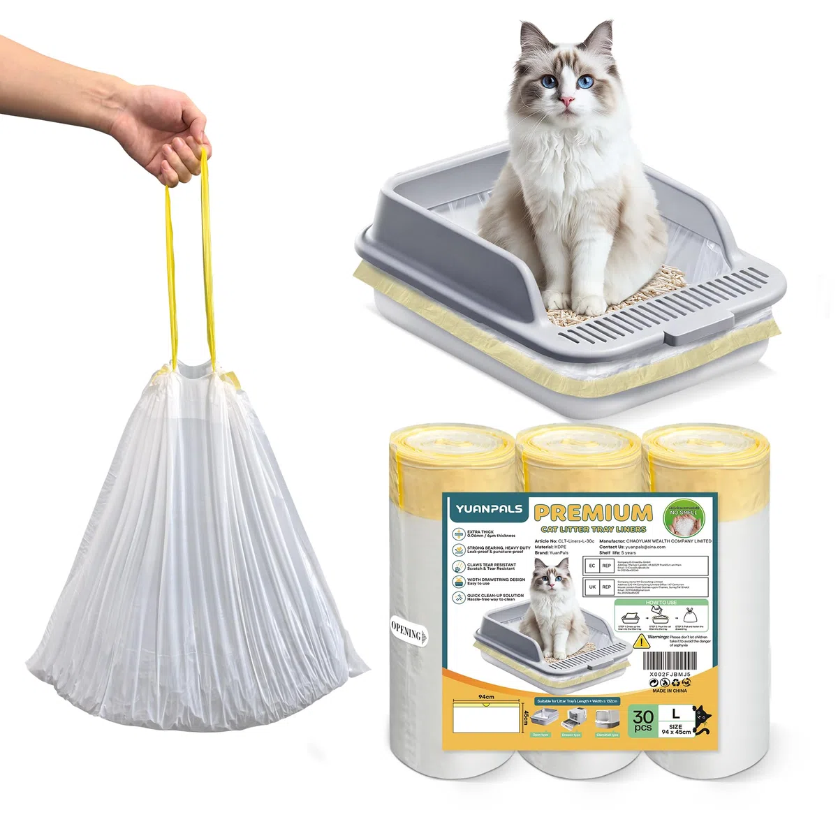 30 pezzi fodere per lettiera per gatti con coulisse, sacchetti resistenti ai graffi per lettiera piccola-L(94x45CM)