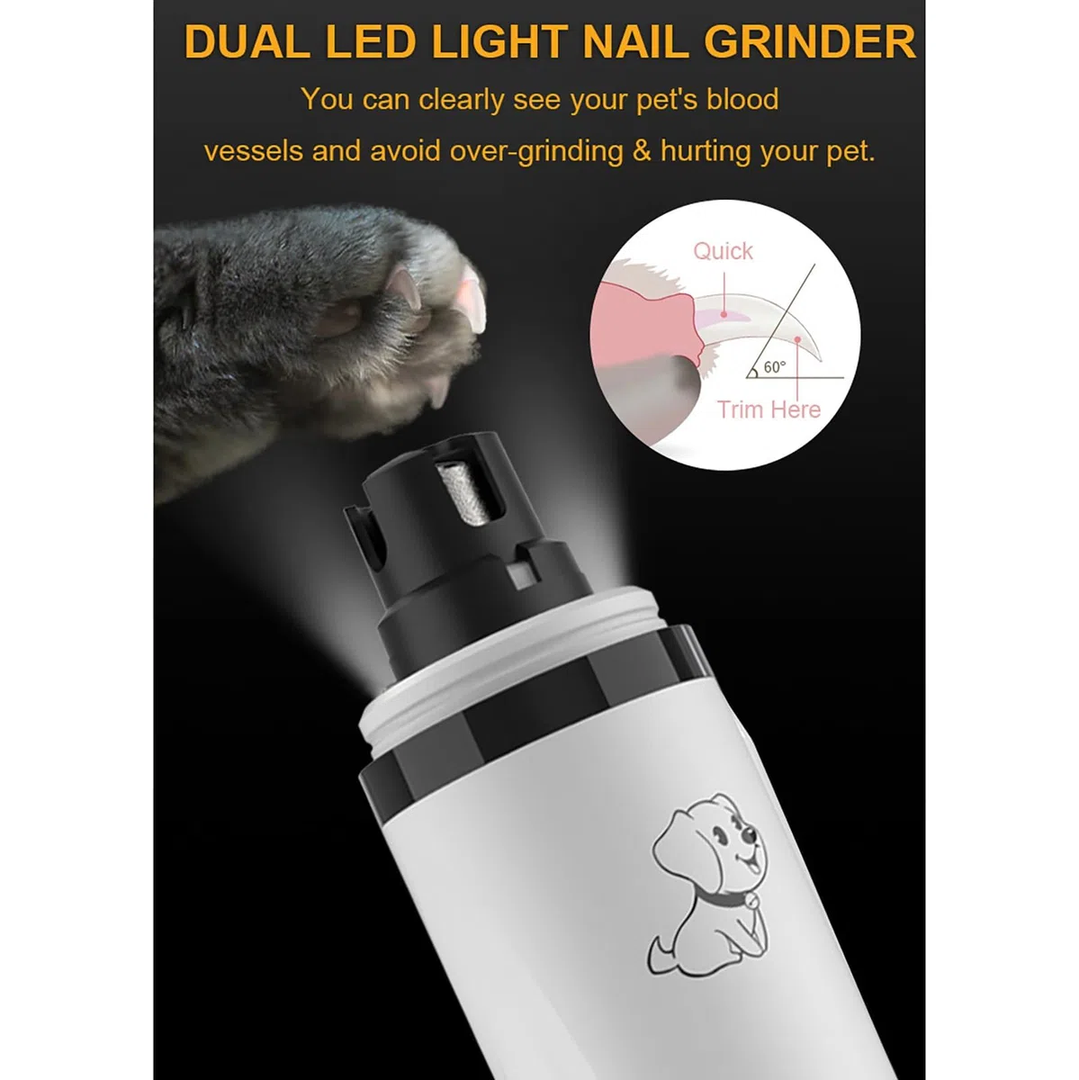 Heusom Silent Groom Pro per cani, smerigliatrice per unghie a 3 velocità, Silent Groom Pro, con luci a LED, ricaricabile tramite USB, con testine di ricambio per cani, gatti