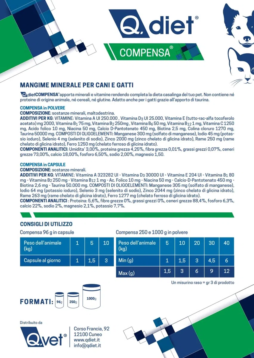 Q.Diet Compensa 120 Capsule Cane Gatto Alimento Complementare Ricco di Vitamine E Minerali A Completamento delle Diete Casalinghe Per Cani di Piccola Taglia E Gatti