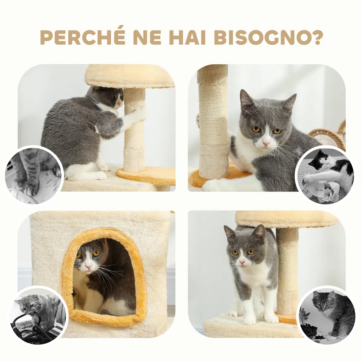 PawHut Albero Tiragraffi per Gatti con Posatoio e Casetta, Torre per Gatti in Truciolato, Peluche, cotone PP e Sisal, 40x30x72 cm, Beige e Giallo