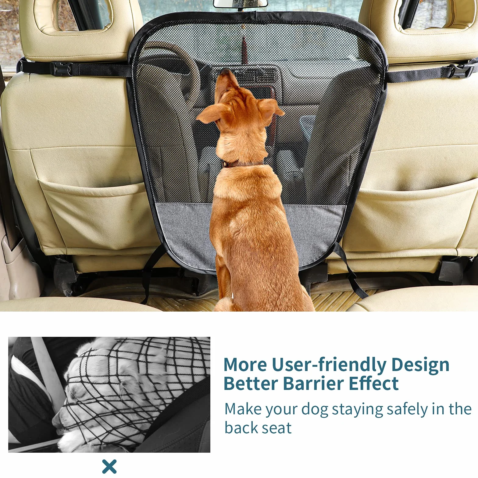 Petsfit Barriera per cani, barriera posteriore per animali domestici con rete, rete divisoria per cani con corda di regolazione e gancio, adatta per SUV, pick-up auto