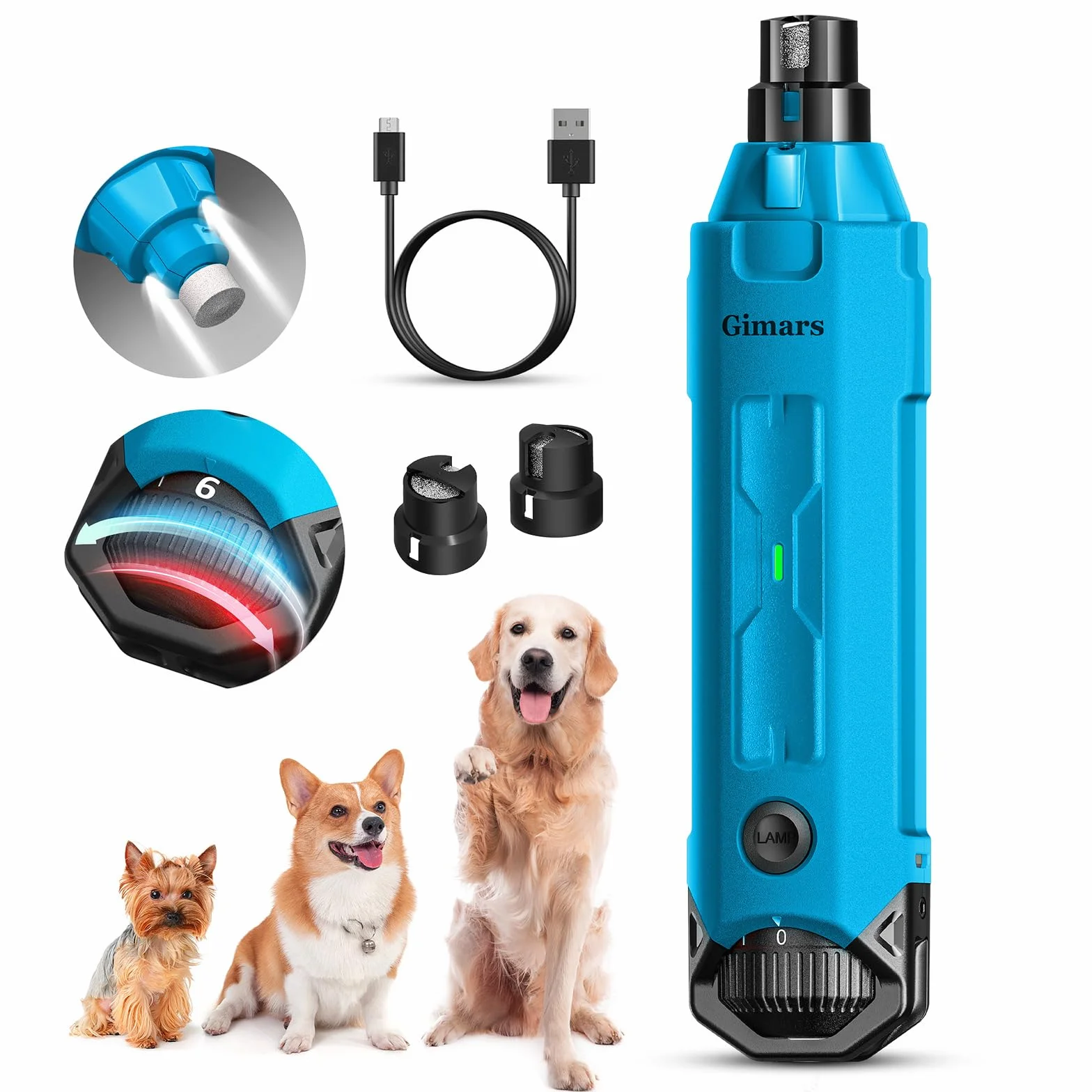 Gimars Lima Unghie Cani 6 velocità Tagliaunghie per Cani Elettrico Tagliaunghie Unghie Cani con Luce LED Ricaricabile Lima per Unghie Cane per Animali con USB 3 Porte,Blu