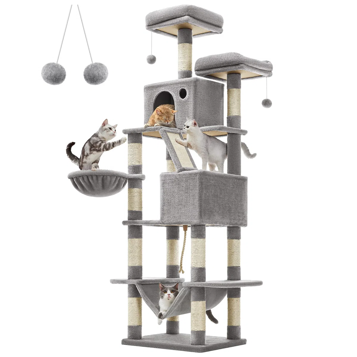 Feandrea Albero per Gatti, Alto 206 cm, Tiragraffi per Gatti Adulti, XXL, con 13 Graffiatoi, 2 Posatoi, 2 Grotte, Cesto, Pompon, in Peluche a Più Livelli per Interno, Grigio Chiaro PCT190W01
