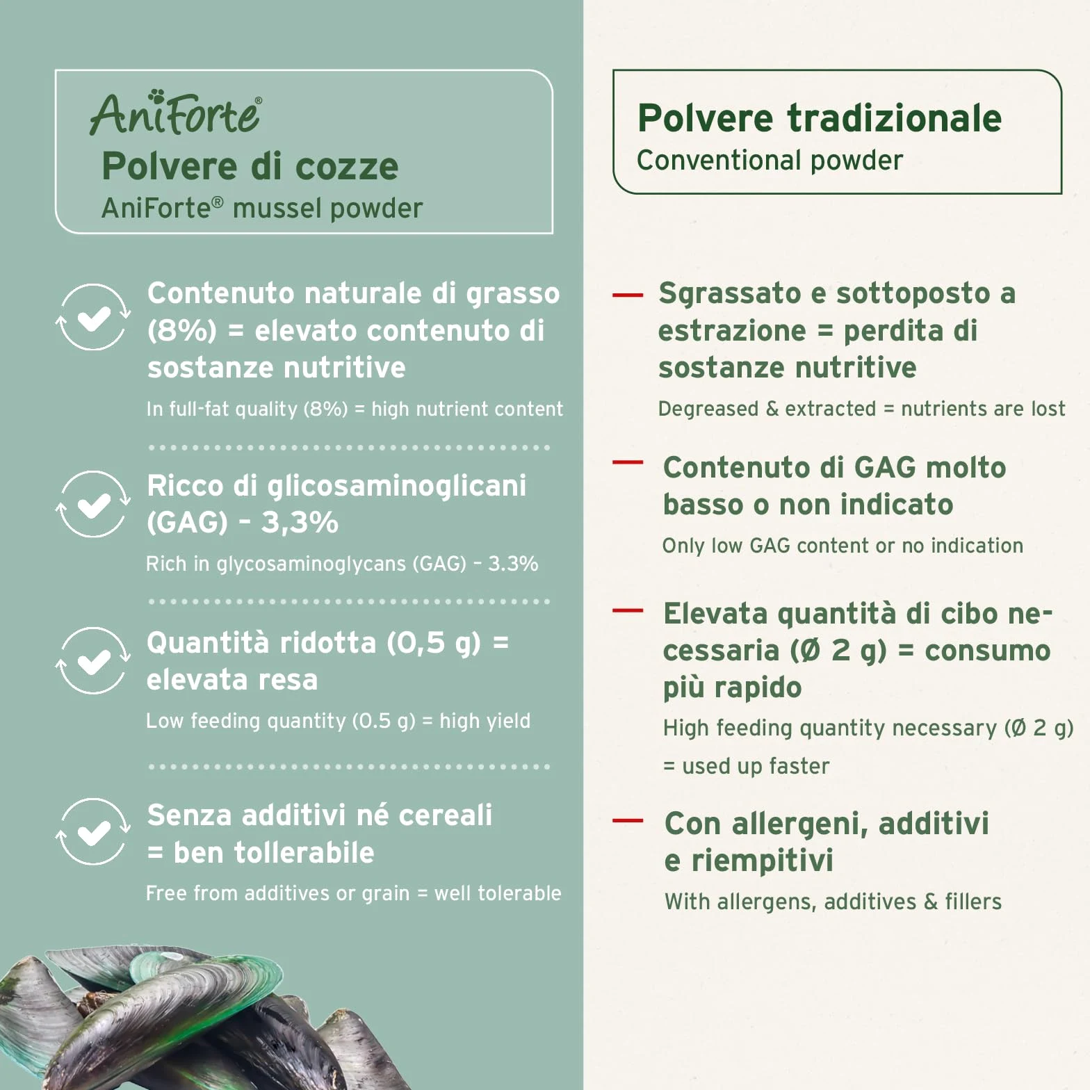 AniForte Polvere di cozze dalle labbra verdi per Cani e Gatti 100g - Polvere naturale di cozze dalle labbra verdi in qualità di grasso completo, glicosaminoglicani, supporta le funzioni articolari