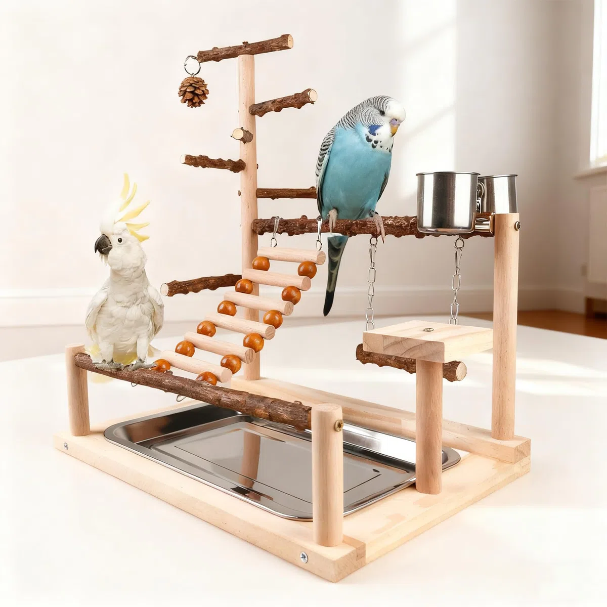 Parco giochi per uccelli, parco giochi per pappagalli con tazza e vassoio, giocattolo per pappagalli, parco giochi per uccelli, pappagalli in legno (45 x 37 x 26 cm)