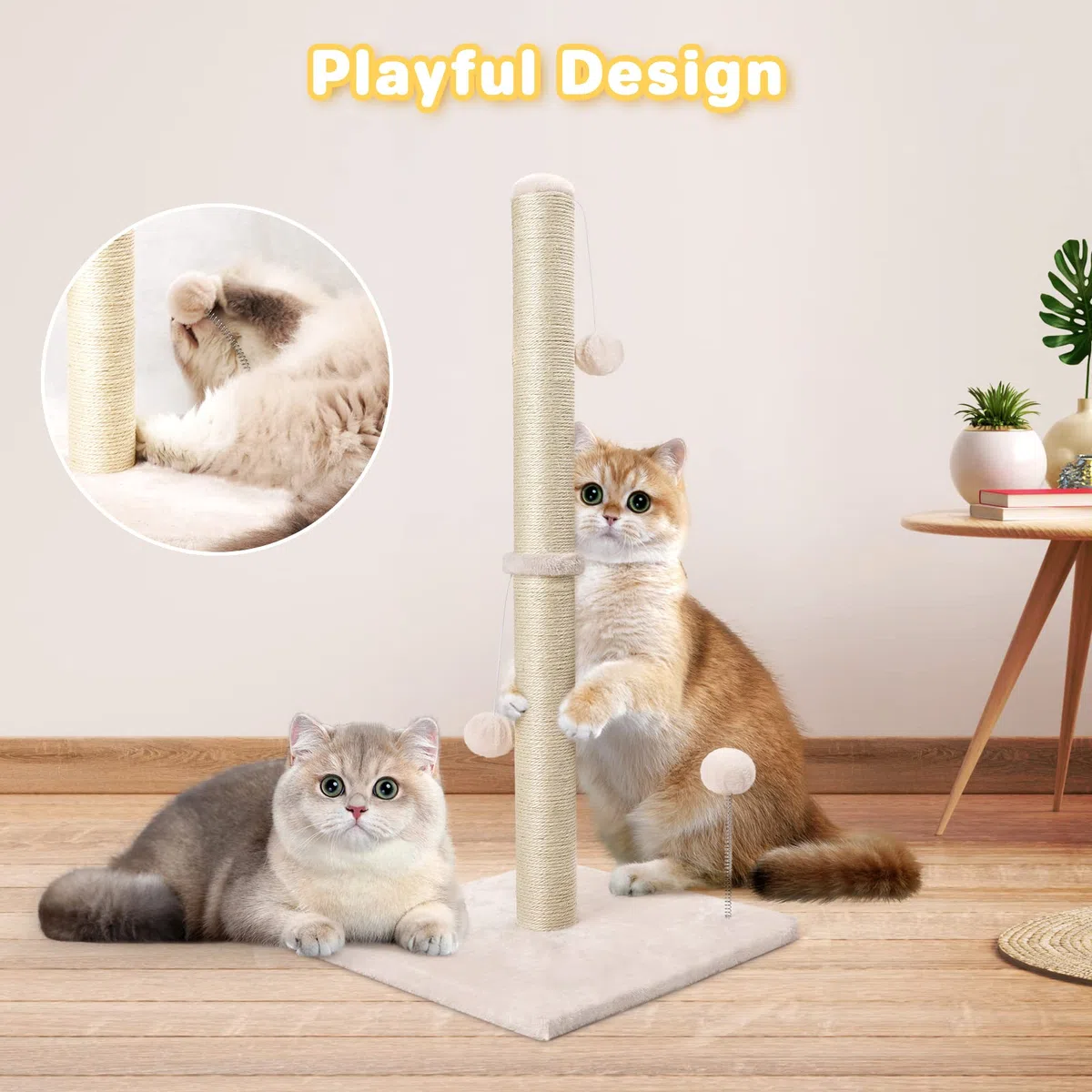 Dohump Tiragraffi per Gatti, 84cm Albero Tiragraffi per Gatti Adulti di Sisal Naturale con Palla Appesa, Base Pesante Ricoperta Morbida Peluche Liscia Per i Gattini, Beige