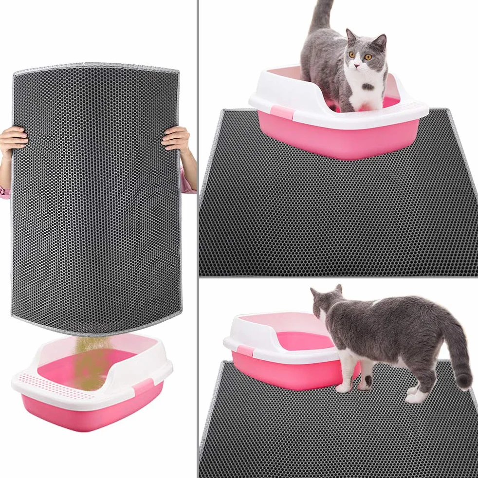 Pieviev Tappetino per Lettiera con Doppio Strato per Toilette per Gatti, Tappetino per Lettiera per Gatti in EVA Progettato a Nido d'Ape, Antiscivolo e Anti-perdite, 61 * 38 cm - Grigio