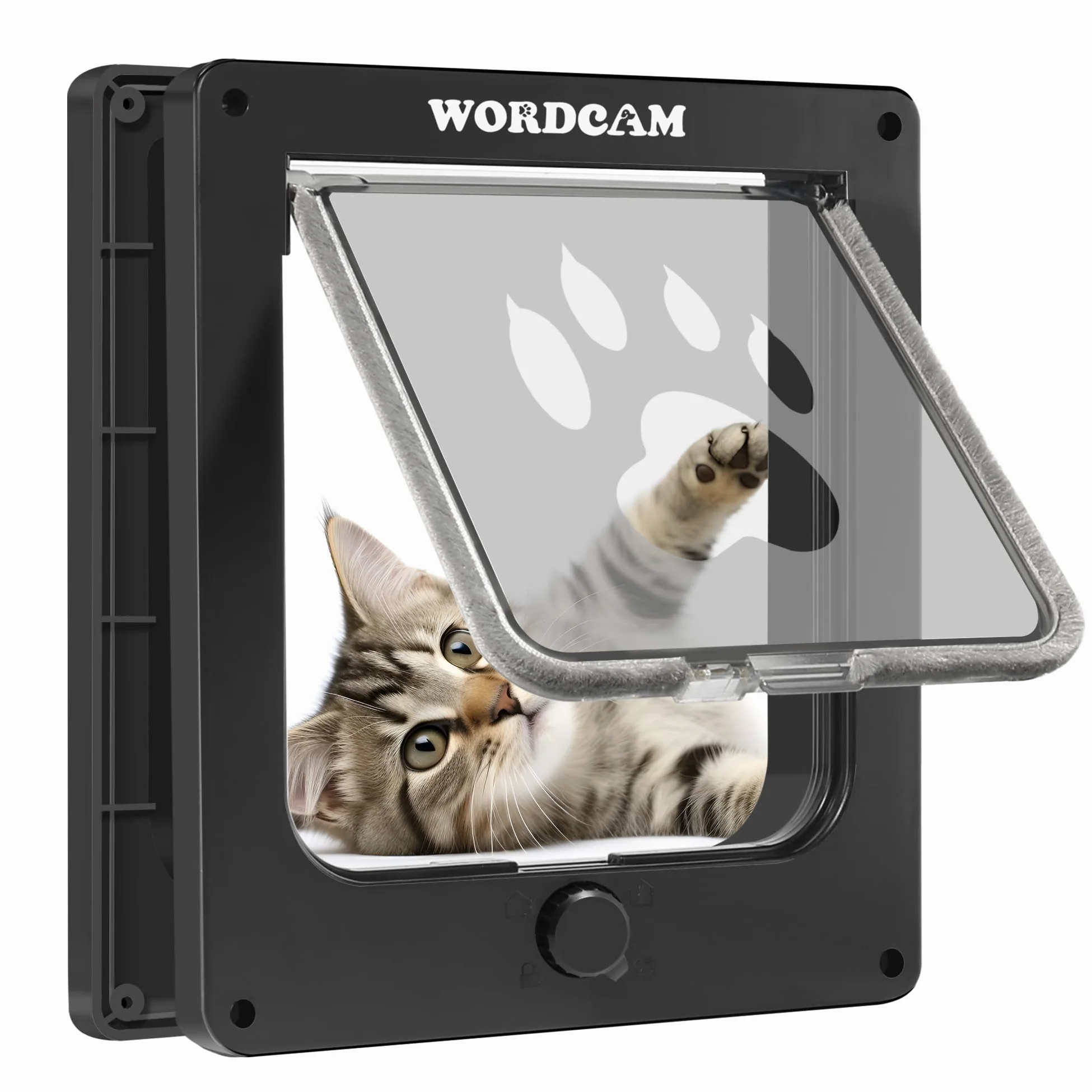 Wordcam Porta per gatti media, 4 vie, per interni ed esterni, per gatti, gattini, cagnolini, robusta, resistente alle intemperie (nero, M)