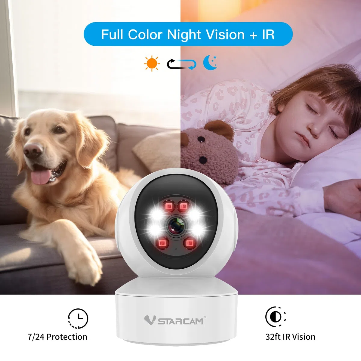 VSTARCAM Telecamera di sorveglianza interna – 2K QHD, 360° WLAN per cani con app, rilevamento automatico, audio a 2 vie, rilevamento del movimento, visione notturna a colori fino a 9 m, fino a 256 GB