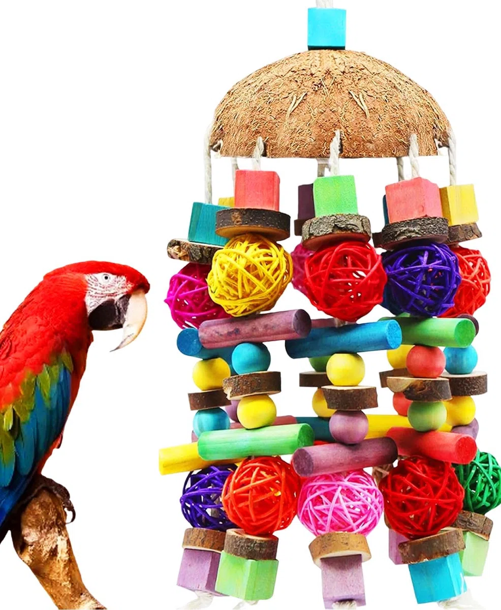 Giocattolo da masticazione naturale per uccelli di grossa taglia MQUPIN per cacatua, pappagalli grigi africani, ara e amazzoni,multicolore con blocchi di legno naturale per arrampicarsi,masticare