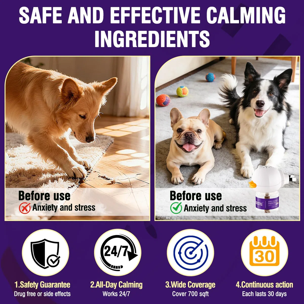 Diffusore di Feromoni Calmanti per Cani,Rilassamento Naturale Dall'Ansia per Cani,Riduce Efficacemente Stress E Abbaio,Adatto A Tutte Le Razze,3 Ricariche (3 Ricariche+1 Diffusore)