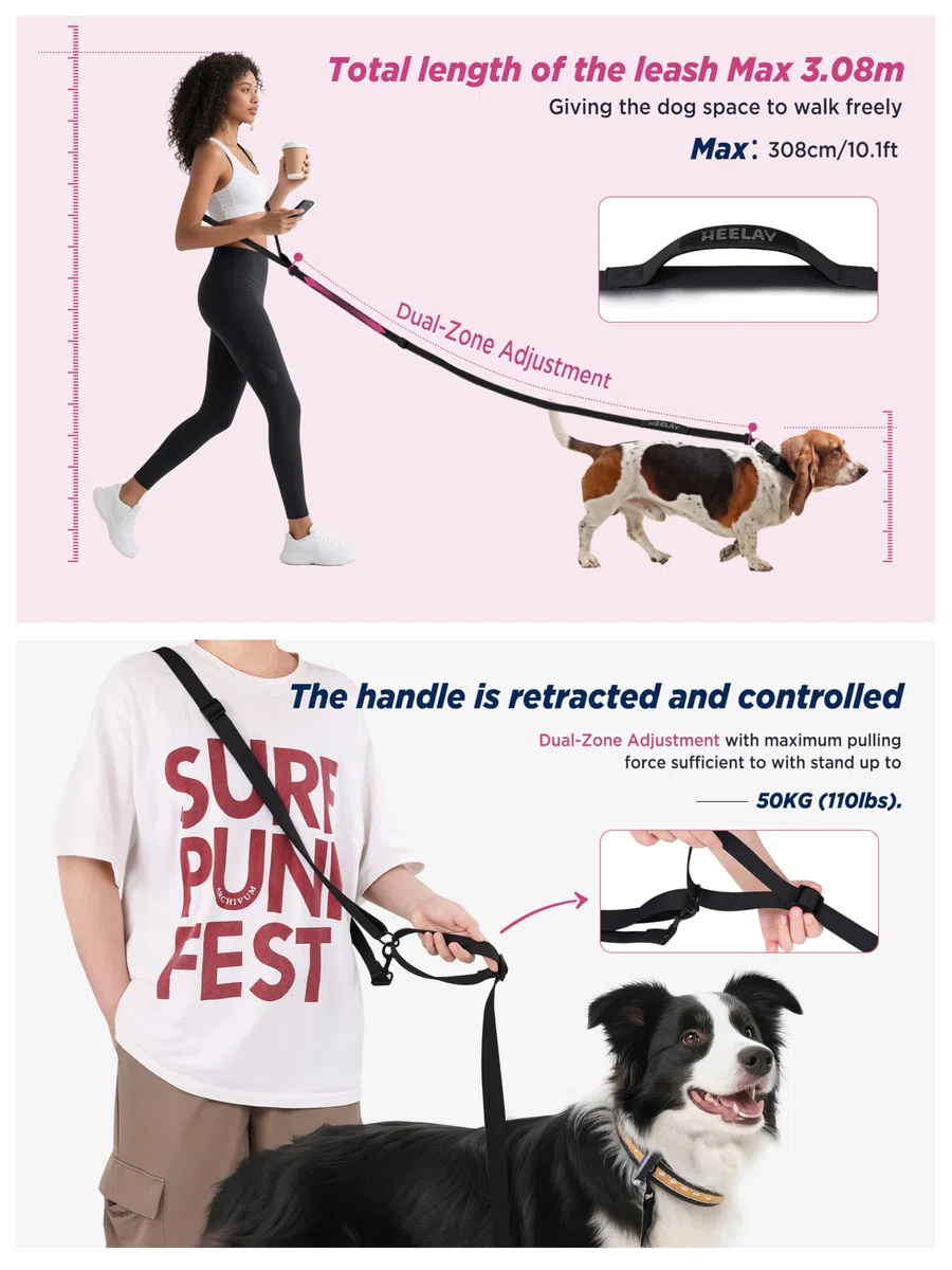 Guinzaglio per cani Hands-Free per tutte le taglie - 2,0-3,9 m, con doppia fibbia regolabile e maniglia imbottita per 1 o 2 cani di taglia media/grande, 8-50 kg, nero