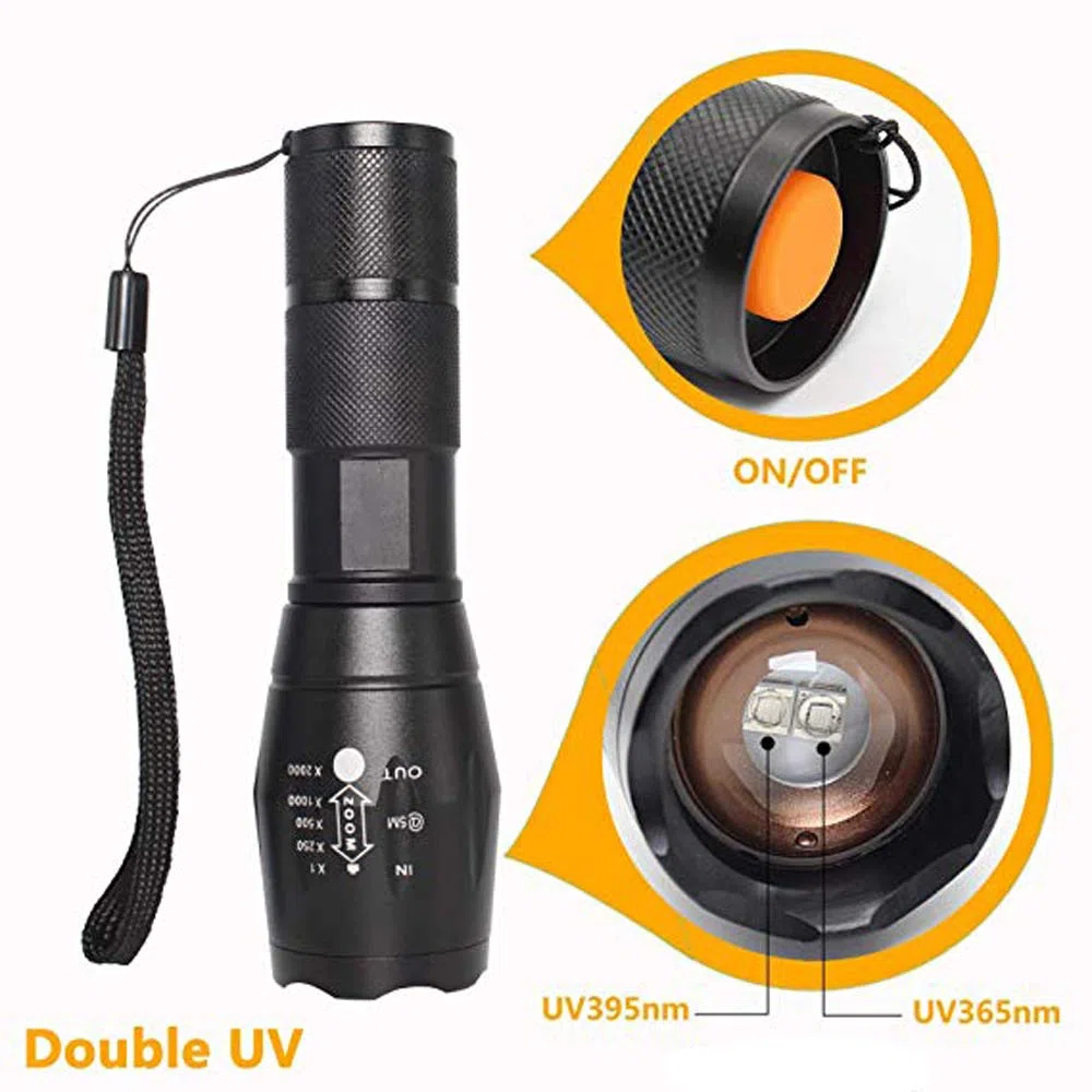 Torcia UV, 365nm e 395nm UV Torcia a Raggi Ultravioletti Zoom Capace Blacklight Doppia Sorgente UV Rilevatore di Urina per Animali Domestici Verifica dei Documenti Scorpioni Arte Fotografia