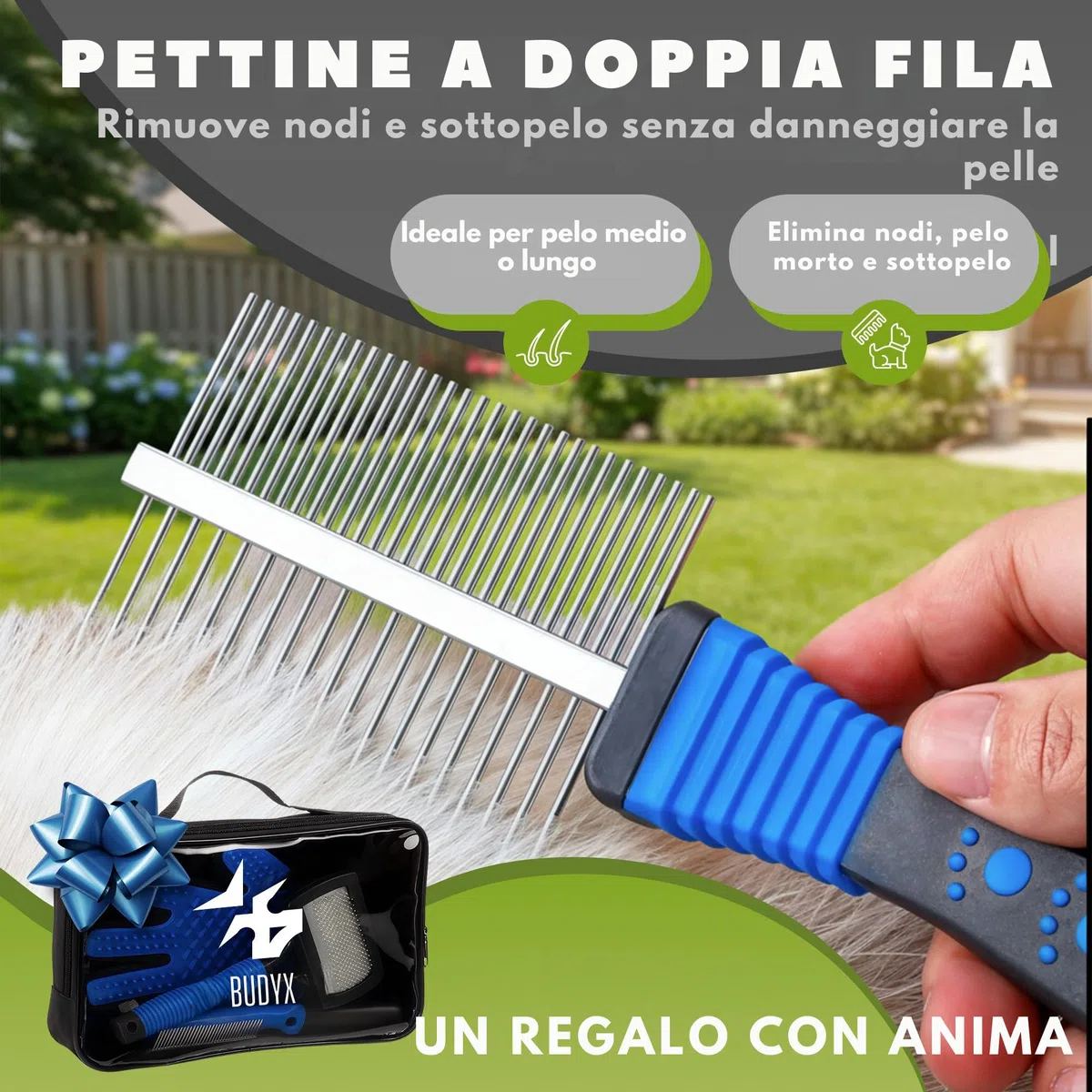 Kit per la toelettatura degli animali domestici BUDYX: pettini, spazzole, guanto per la toelettatura, tagliaunghie, lima per unghie, spazzolino da denti. Set per la toelettatura e l'igiene di cani
