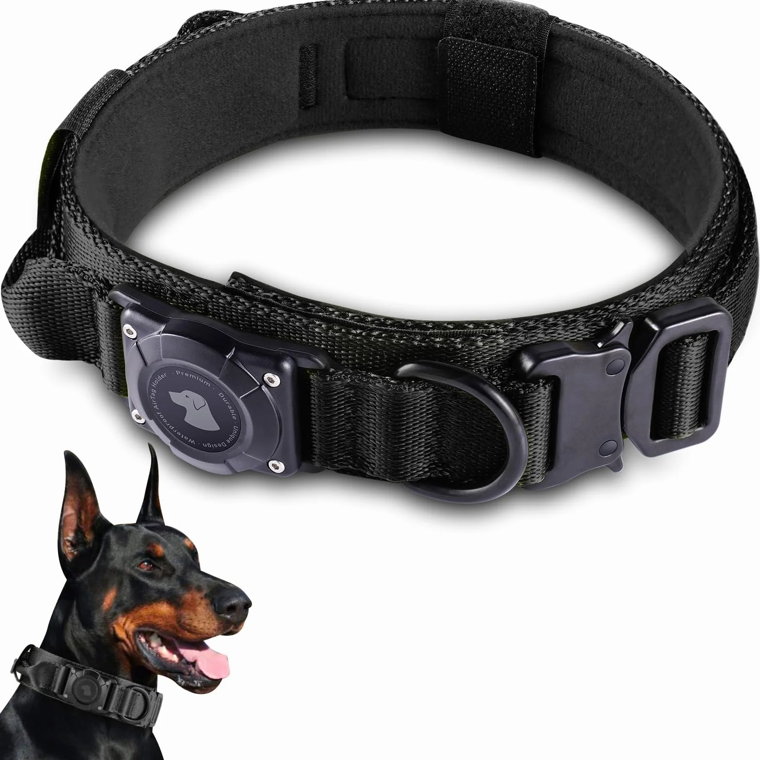 Collare Tattico per Cani con Maniglia, Collare Airtag Cane, Regolabile Cani con Imbottitura e Fibbia in Metallo per cani di Taglia Media e Grande (Nero, XL(24"-28"))