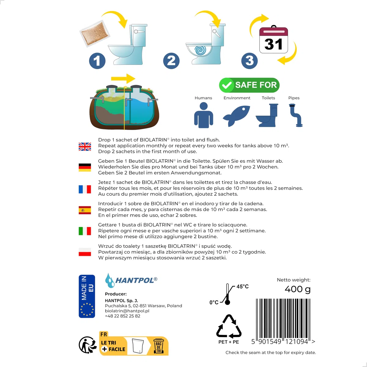 QUICK - Trattamento Biologico Avanzato per Fosse Settiche - per Casa, Fattoria, Aree Ricreative - Risultati Rapidi - Adatto a Sistemi Moderni - Sufficiente per 1 anno - 12 sacchetti - 400G